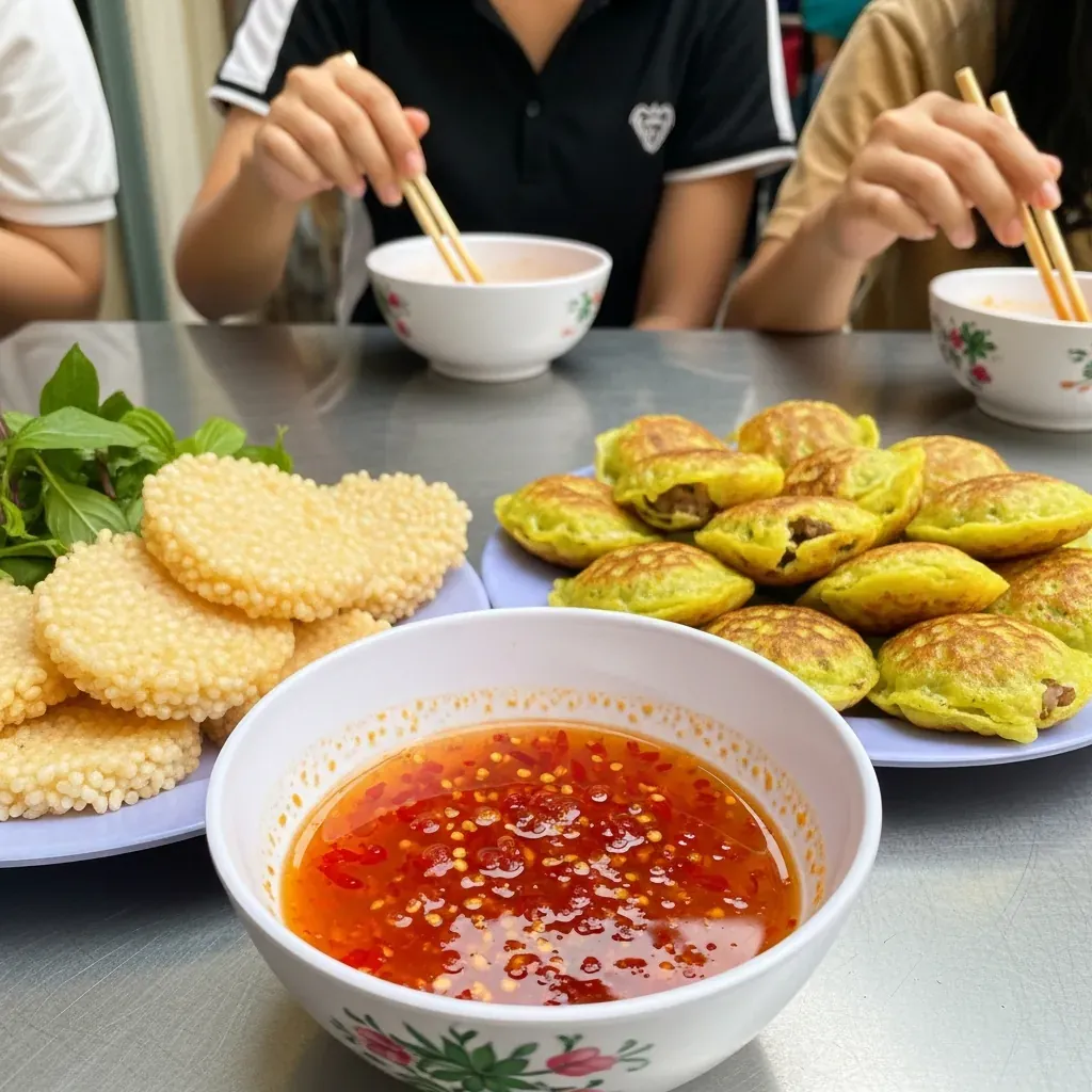 Bánh căn Cô Bắc với nước chấm pha sa tế cay nhẹ