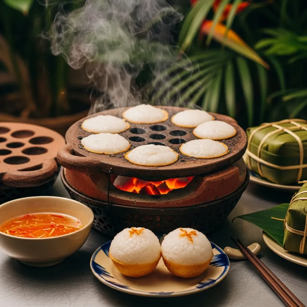 Bánh căn nướng trên khuôn đất nung bằng bếp than, vỏ vàng giòn