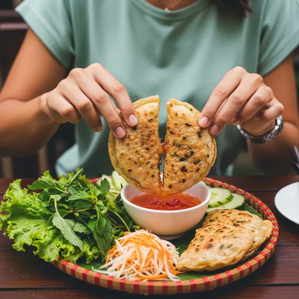 Cách ăn bánh căn nhúng cả cặp vào nước chấm kèm rau sống và đồ chua