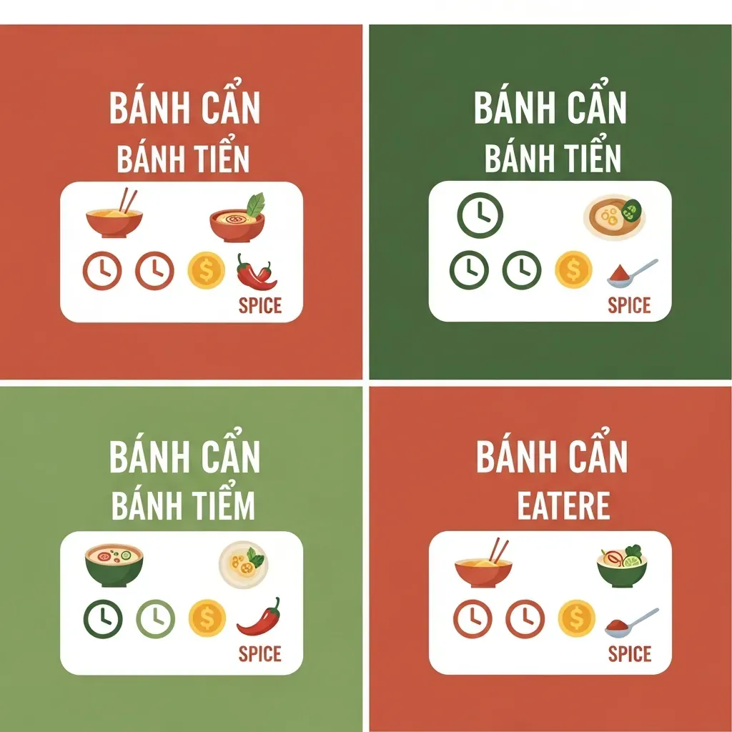 Đồ họa so sánh bốn quán bánh căn Đà Nẵng bằng biểu tượng
