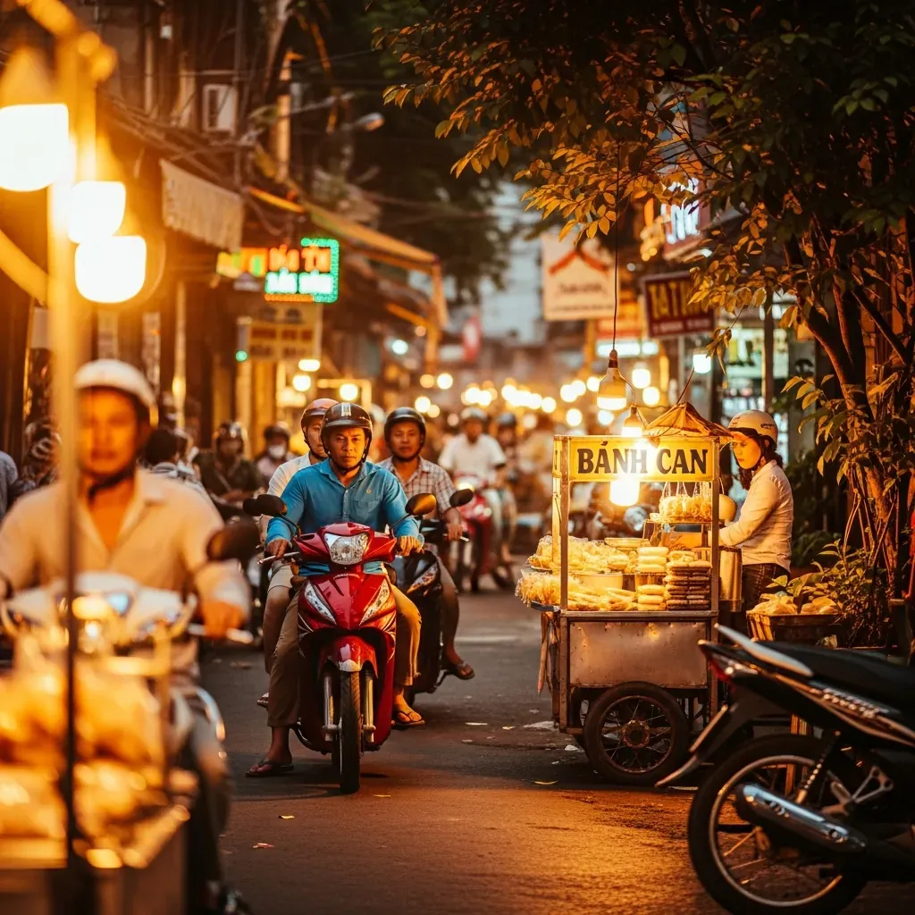 Khung cảnh ăn vặt buổi chiều tối Đà Nẵng với xe máy len hẻm và quán bánh căn