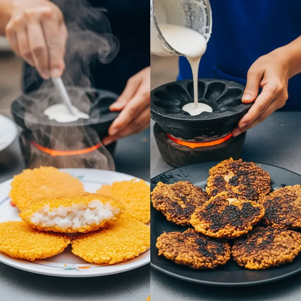 So sánh bánh căn đổ tươi nóng giòn và bánh hâm lại sậm màu
