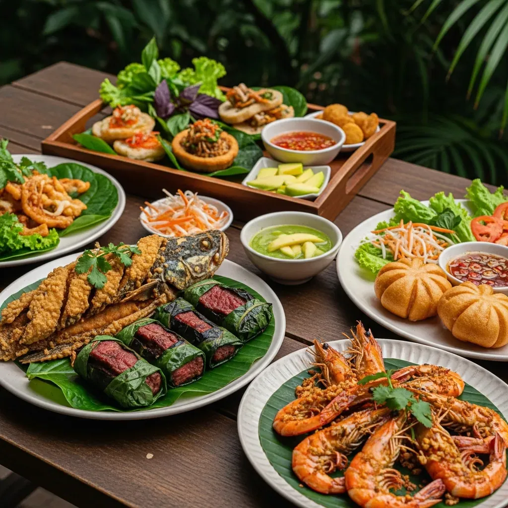 Các món đặc trưng tại Bếp Cuốn gồm cá lóc chiên giòn, bò lá lốt và tôm sú sốt bơ tỏi
