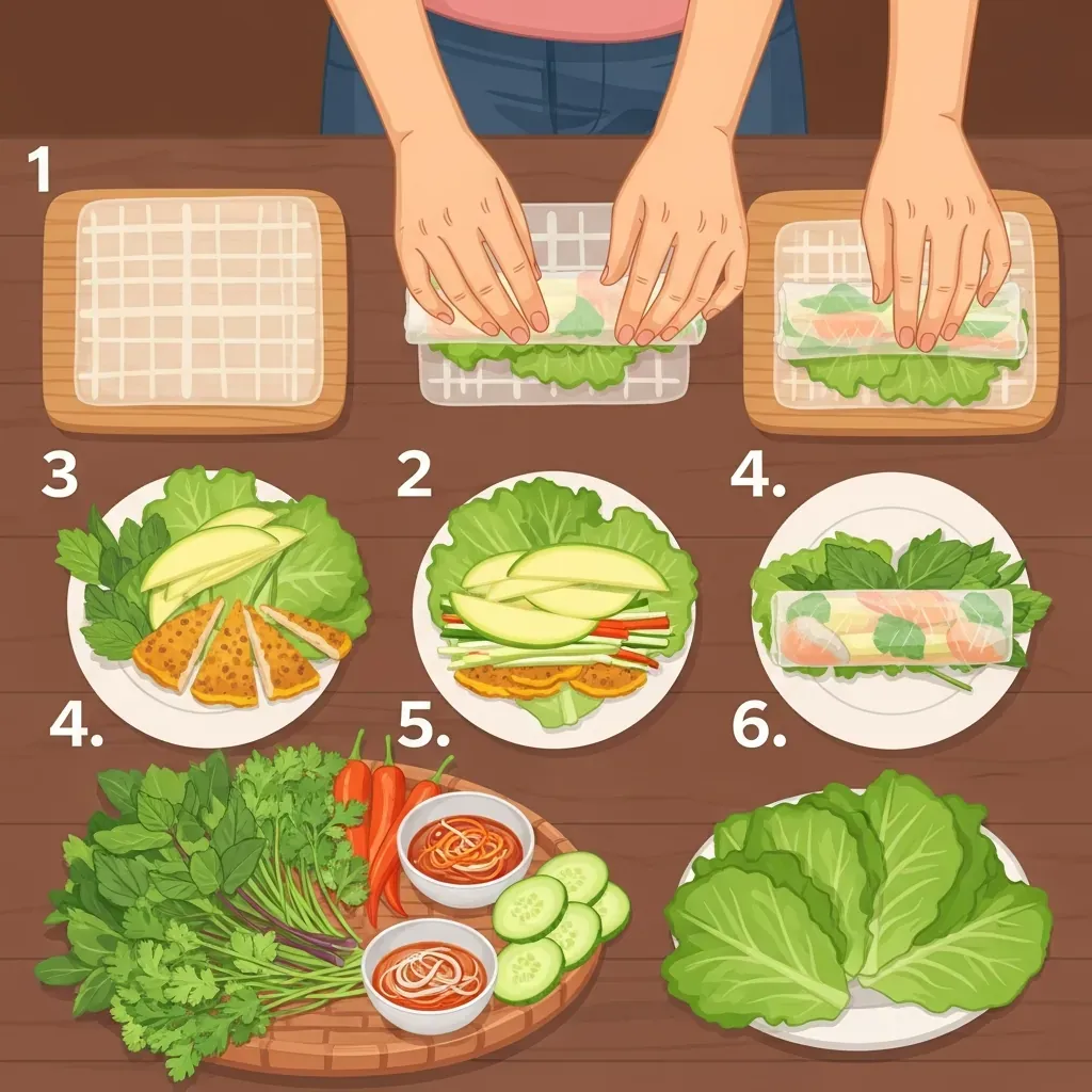Minh họa các bước cuốn bánh tráng với rau sống và nhân đúng điệu