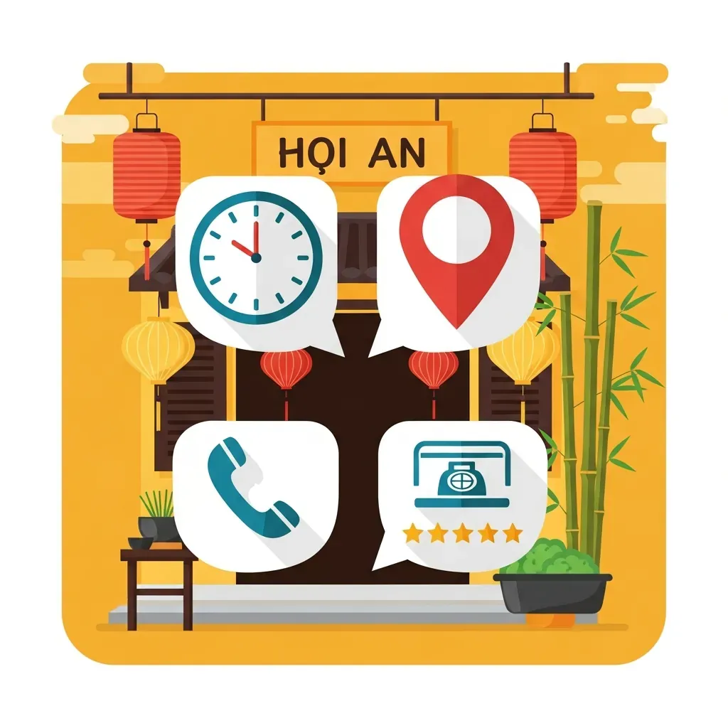 Minh họa thông tin nhanh về quán Bếp Cuốn Đà Nẵng với biểu tượng đồng hồ, địa chỉ và điện thoại