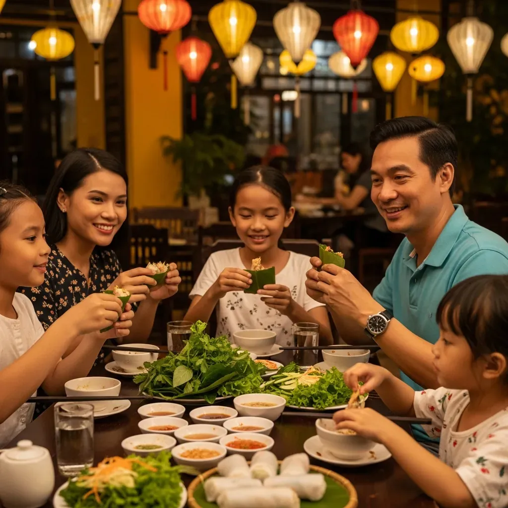 Thực khách Việt vui vẻ tự tay cuốn món tại Bếp Cuốn Đà Nẵng