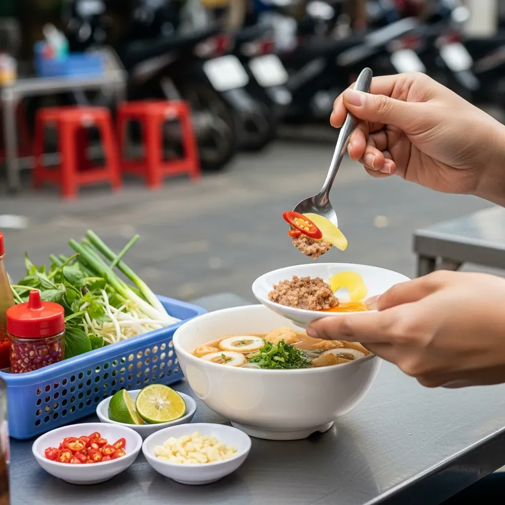 Bàn tay thực khách nêm mắm ruốc vào tô bún chả cá, bên cạnh là đĩa gia vị ớt tỏi ngâm và đồ muối chua.