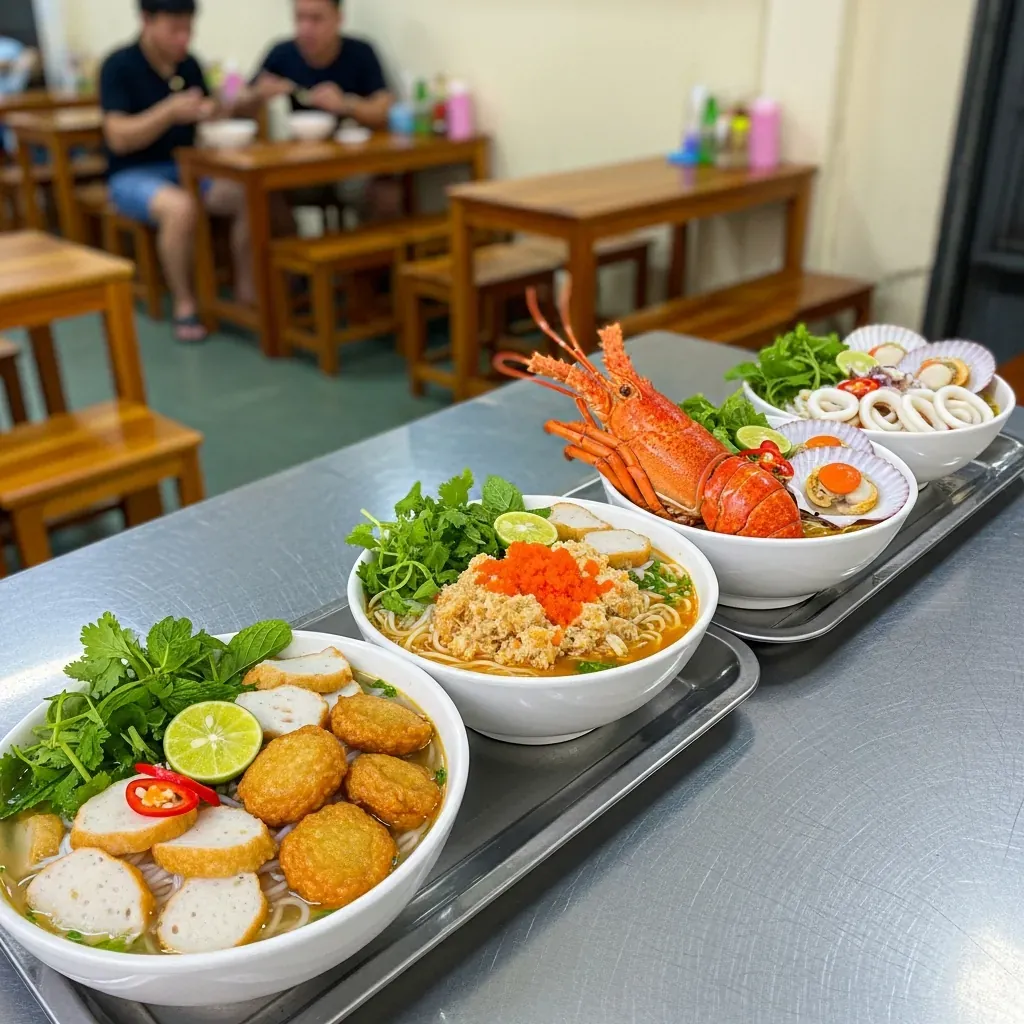 Bốn tô bún chả cá khác nhau: truyền thống, riêu cua, tôm hùm và hải sản tổng hợp xếp trên khay inox tại quán Bà Lữ.