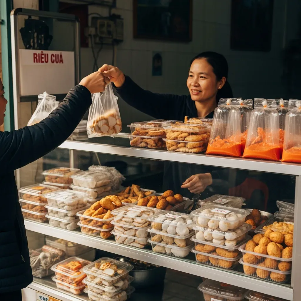 Chủ quán người Việt trao túi chả cá mang về cho khách, quầy bày bánh chả hấp, chả chiên và riêu cua.