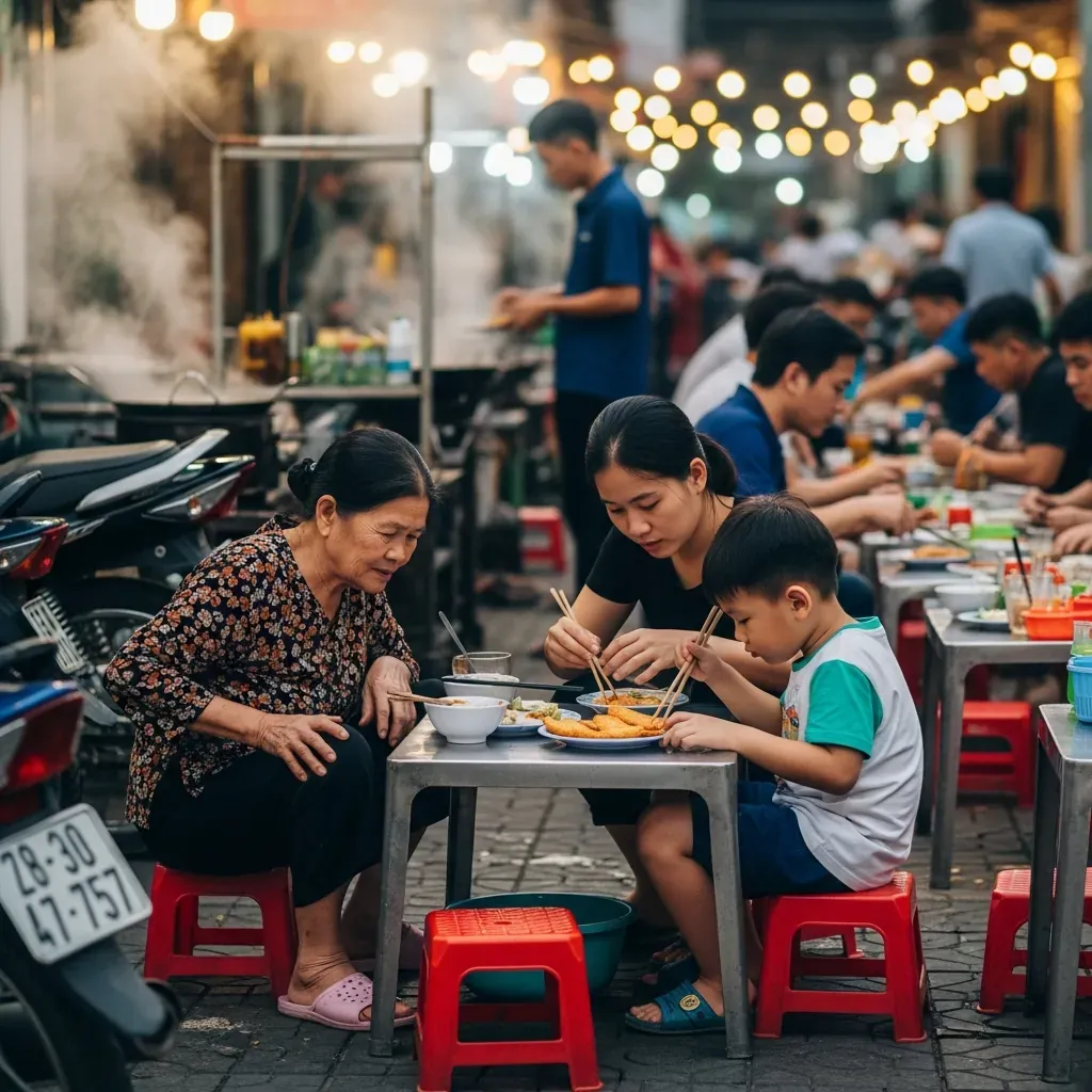 Gia đình ba thế hệ ngồi ghế nhựa thấp tại quán Bà Lữ chật chội, bà cụ khó khăn, cháu nhỏ cẩn thận gỡ xương.