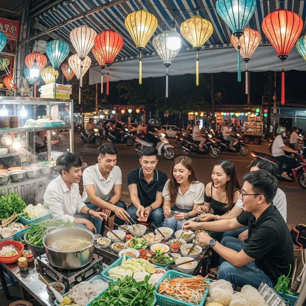 Nhóm bạn trẻ Việt Nam vui vẻ quây quần bên tô bún chả cá Bà Lữ trong quán đêm sôi động.