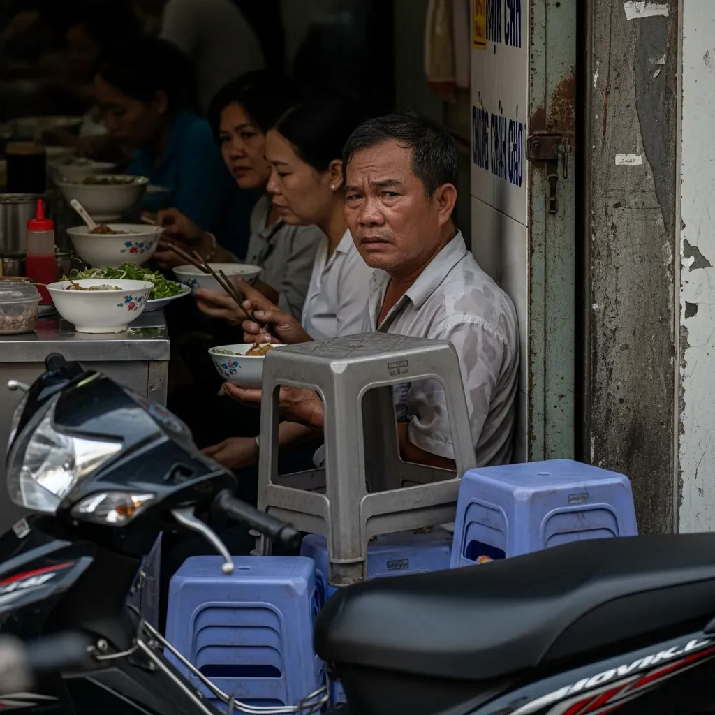 Thực khách nam chen chúc, chảy mồ hôi trong quán bún chả cá đông đúc giờ cao điểm.