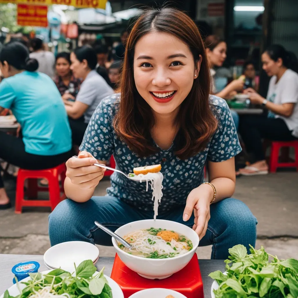 Thực khách nữ trẻ người Việt thưởng thức bún chả cá Bà Lữ với vẻ mặt hài lòng tại quán vỉa hè.