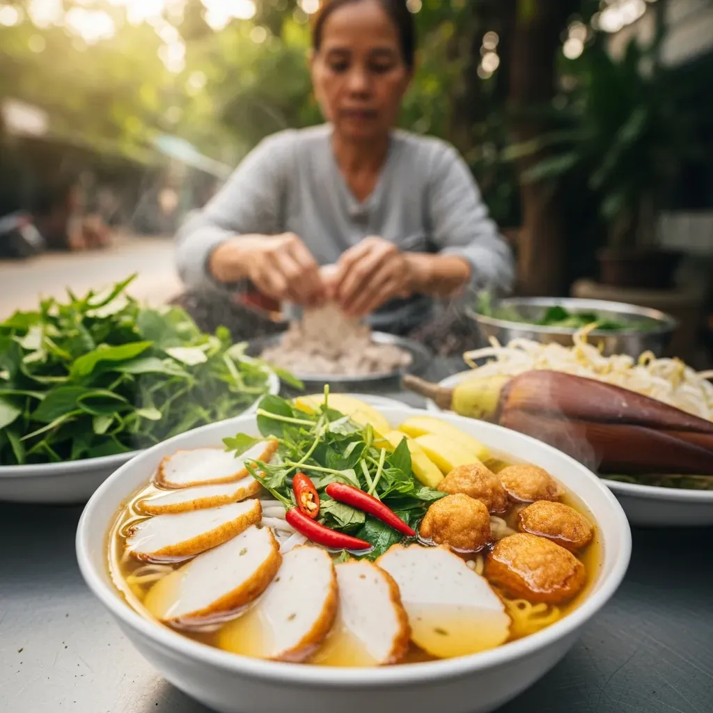 Tô bún chả cá Bà Lữ nghi ngút khói với chả hấp, chả chiên và nước dùng trong vàng, trên bàn quán vỉa hè Đà Nẵng.