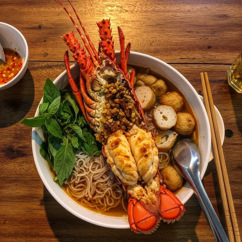 Tô bún chả cá tôm hùm 120k với đuôi tôm đỏ au, chả cá và rau thơm.