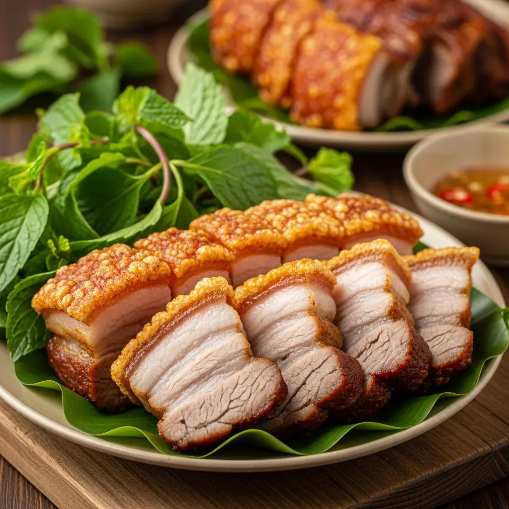 Ba chỉ nướng lu da giòn ăn kèm lá mơ tại Đà Nẵng
