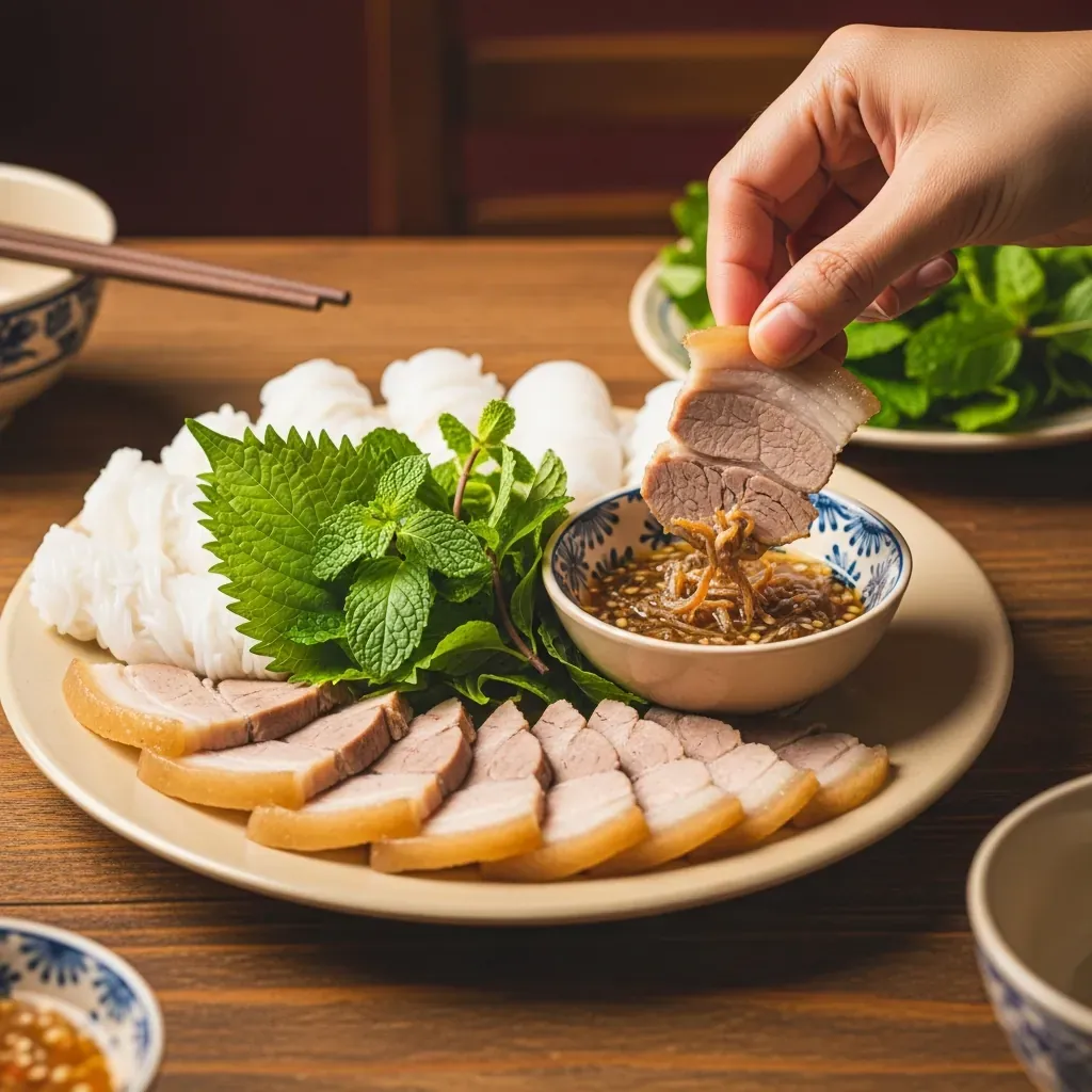 Đĩa thịt heo hai đầu da chấm mắm nêm, món nên ăn đầu tiên