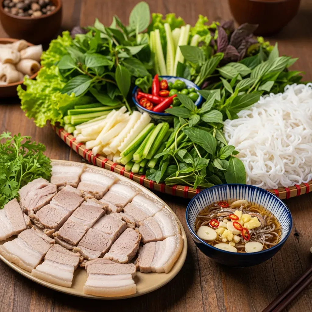 Mâm bánh tráng cuốn thịt heo hai đầu da với rau sống và mắm nêm kiểu Đà Nẵng