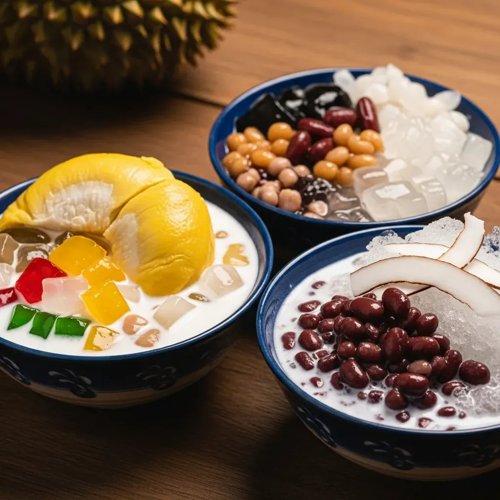 Ba ly chè đặc trưng của quán gồm chè Thái sầu riêng, chè thập cẩm, chè đậu đỏ trên bàn gỗ.