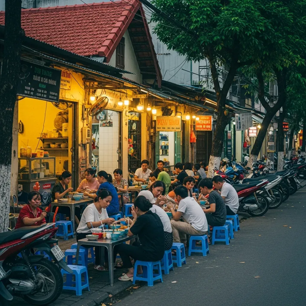 Cảnh quán chè nổi tiếng ở Đà Nẵng về đêm, đông khách ngồi ghế nhựa bên đường, ánh đèn vàng ấm áp.