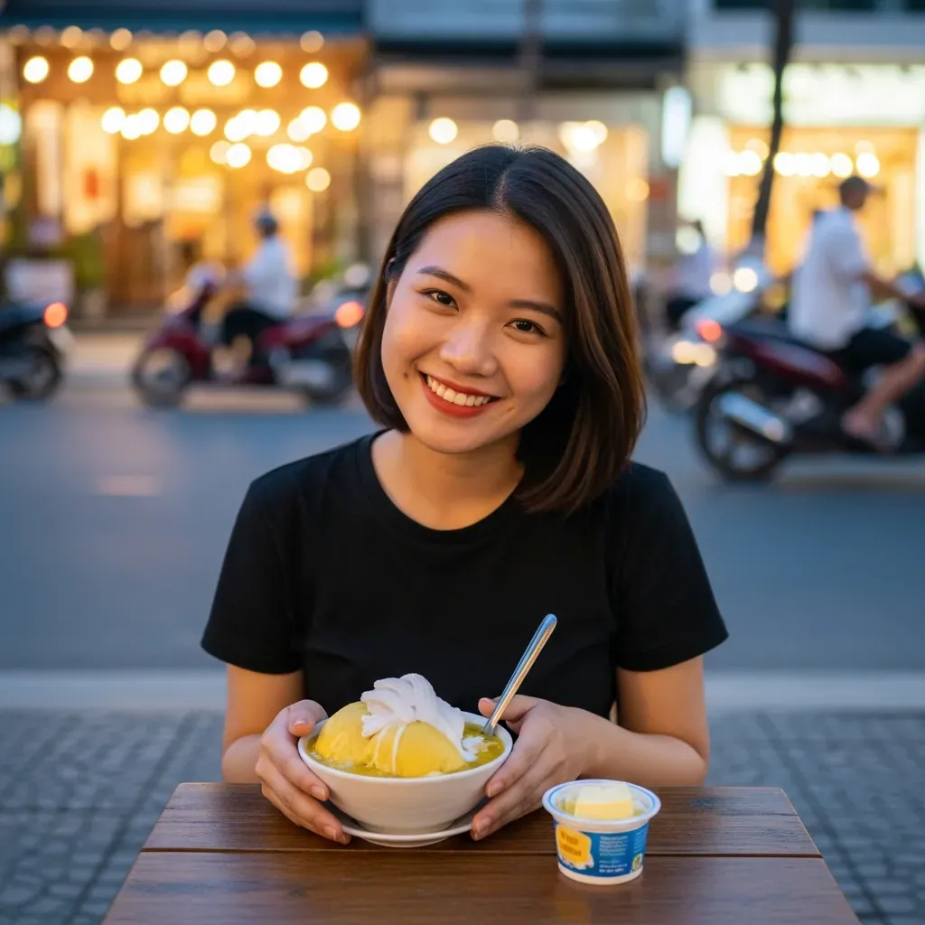 Cô gái tươi cười với ly chè Thái sầu riêng và hũ sữa chua phô mai về đêm.