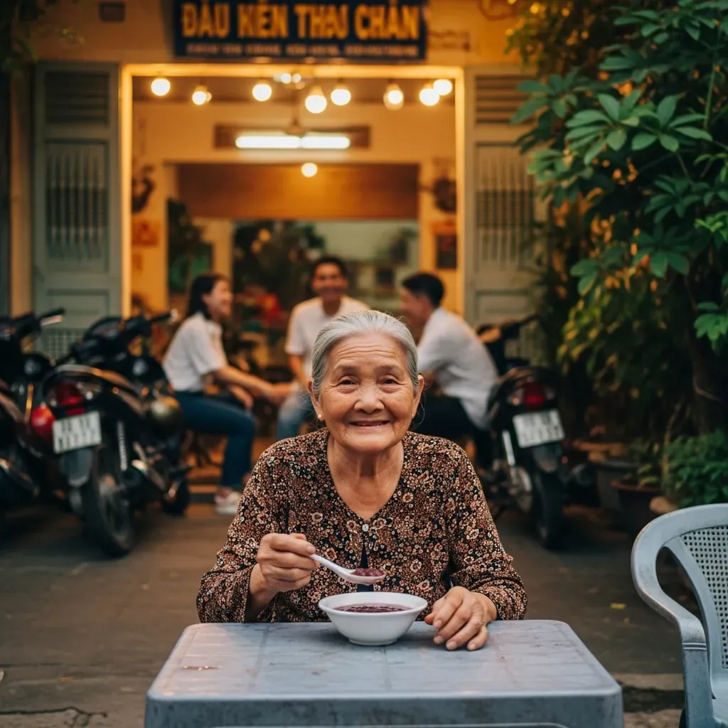 Cụ bà ngồi thưởng thức chè đậu đỏ trước quán quen thuộc, ánh chiều ấm áp.