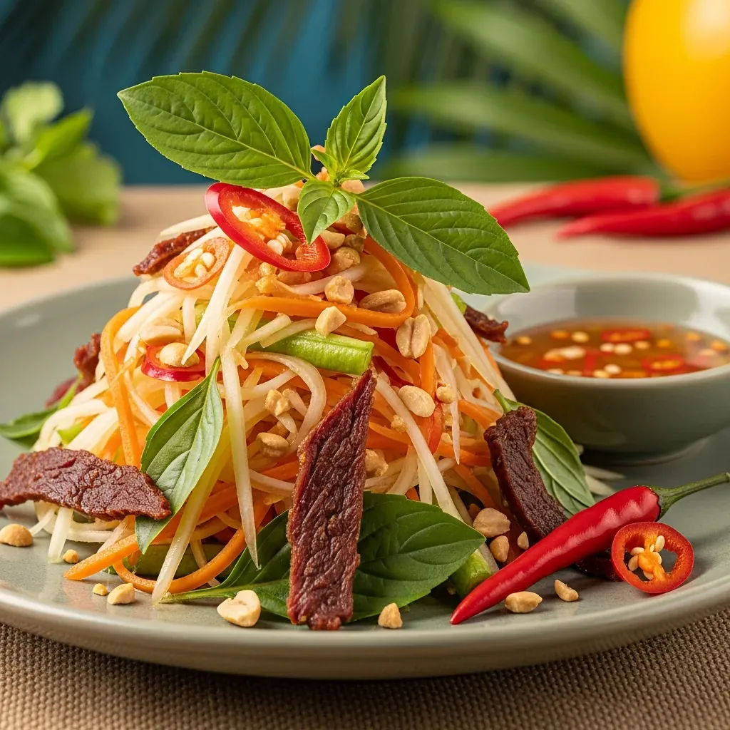 Đĩa gỏi bò khô tươi ngon với đu đủ bào, lạc, rau thơm và nước sốt.