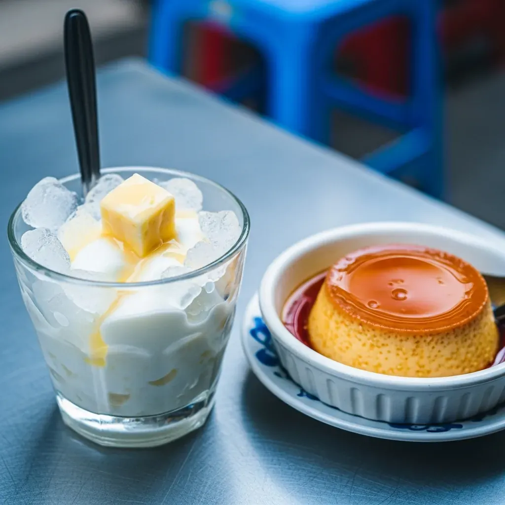 Hai món tráng miệng mát lạnh: sữa chua phô mai và kem flan trong chén sứ.