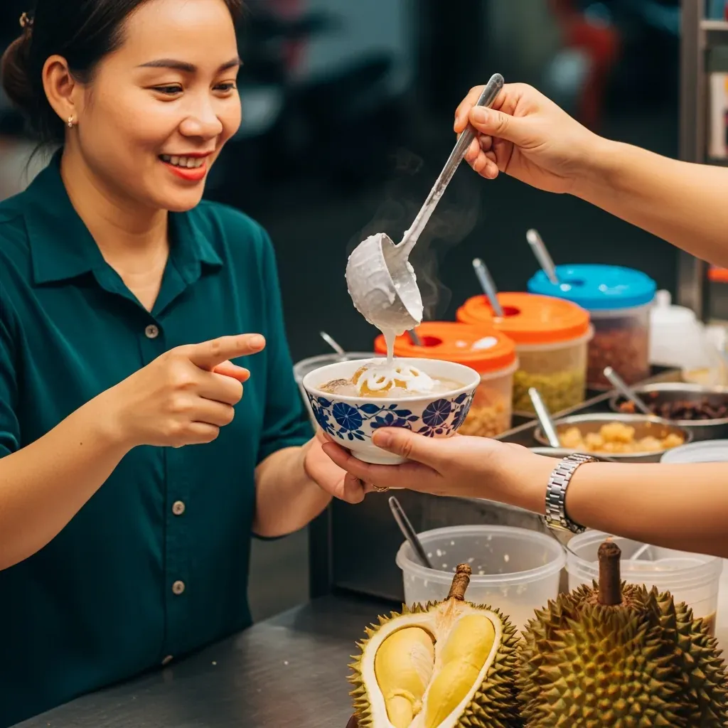 Nhân viên thêm nước cốt dừa theo yêu cầu, tay thực khách chỉ vào ly chè.