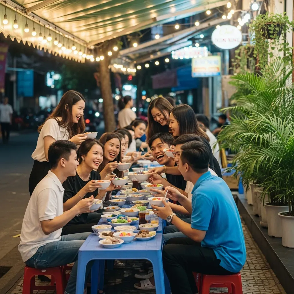 Nhóm bạn trẻ ngồi quanh bàn dài ở quán chè, cười nói rôm rả.