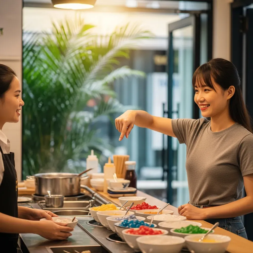 Nữ thực khách ra hiệu “ít ngọt” với nhân viên quán chè, bối cảnh quán nhộn nhịp.