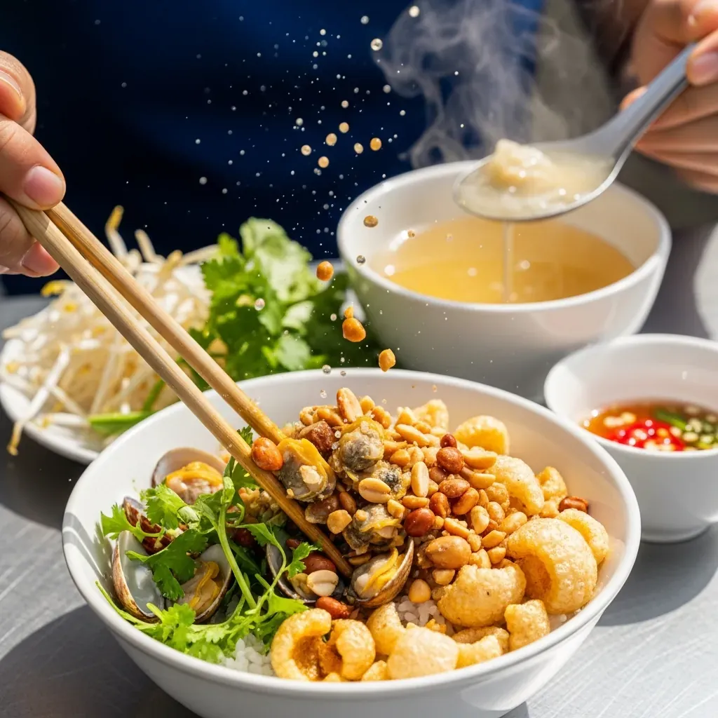 Đôi đũa đang trộn đều tô cơm hến, bên cạnh chén nước lèo được húp riêng.