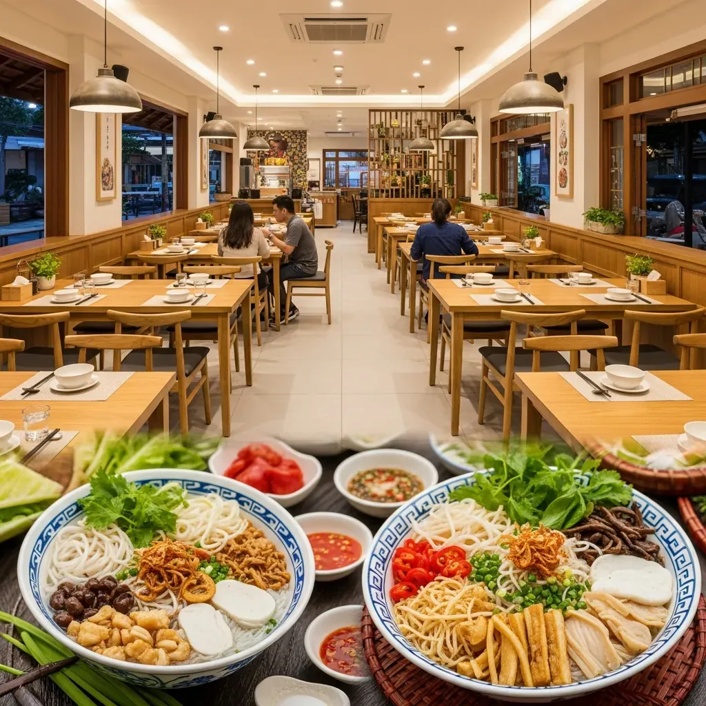 Không gian quán cơm hến Thanh rộng rãi, sáng sủa với thực khách đang dùng bữa.