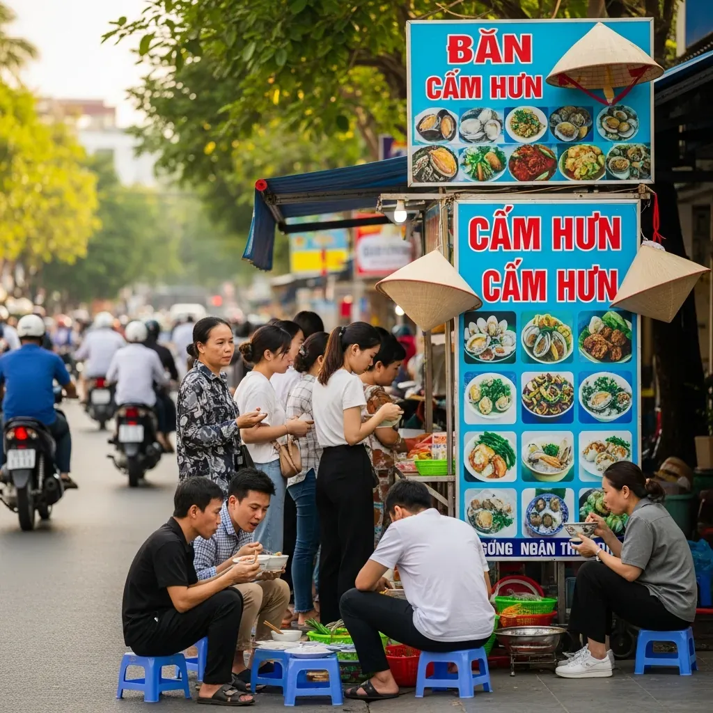 Khung cảnh đông đúc tại quán cơm hến vỉa hè Đà Nẵng, với nhiều thực khách địa phương và du khách.