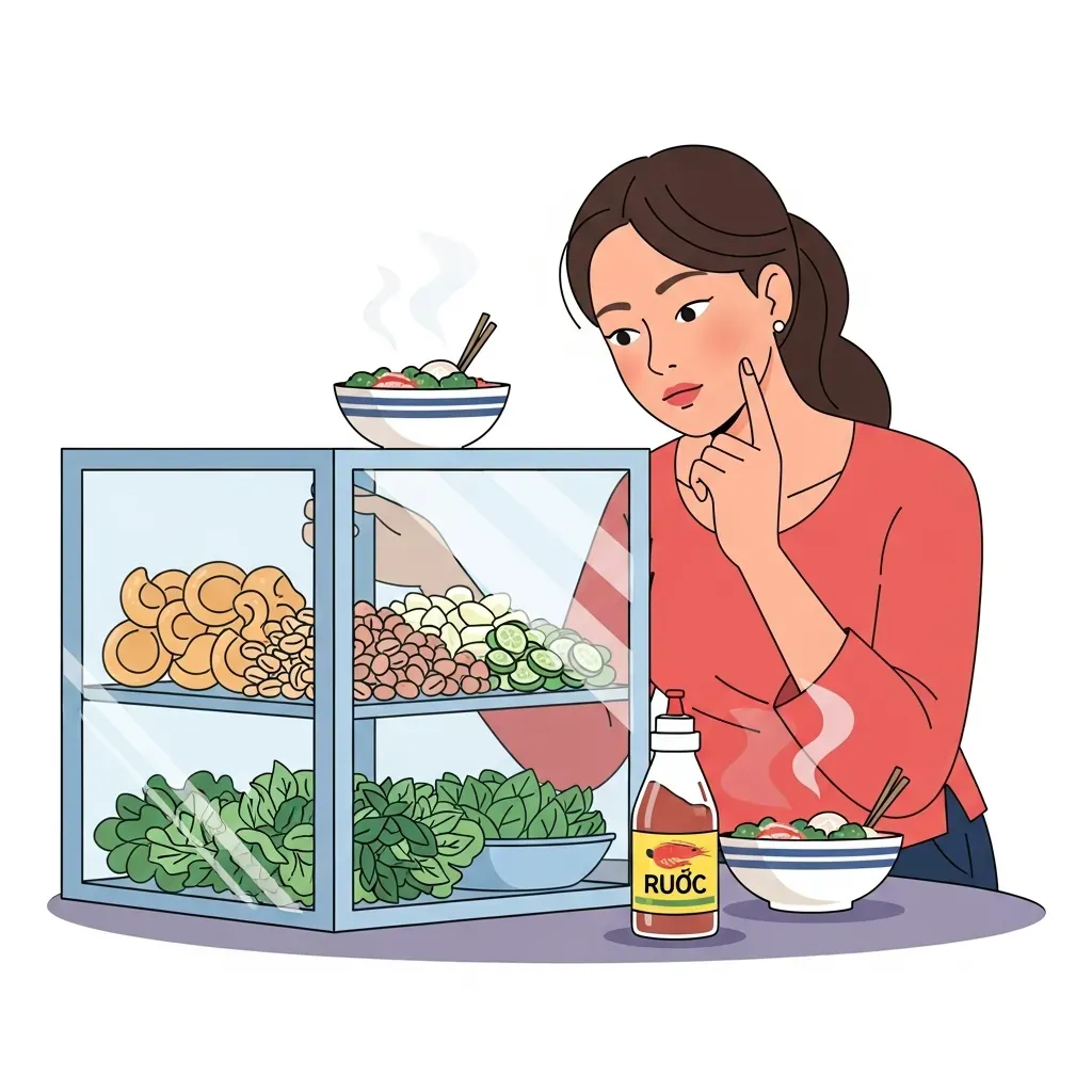 Người phụ nữ Việt Nam đang kiểm tra nguyên liệu tươi trong tủ kính trước khi gọi món cơm hến.