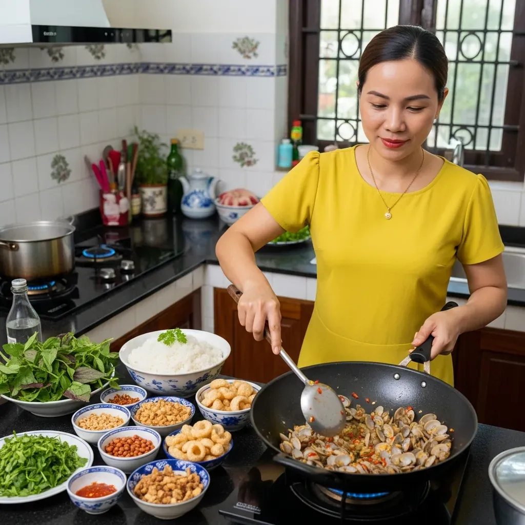 Người phụ nữ Việt Nam đang xào hến trong căn bếp gia đình, chuẩn bị nguyên liệu làm cơm hến.