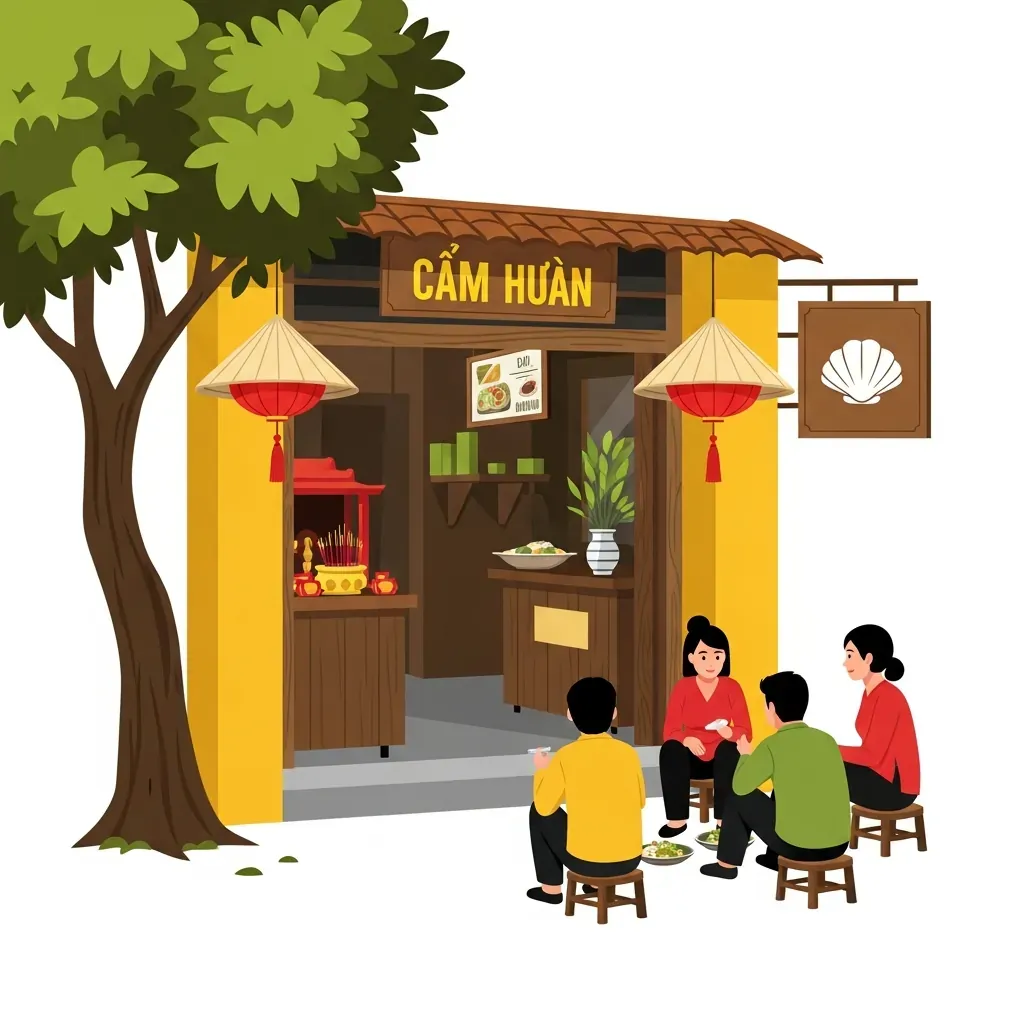Quán cơm hến nhỏ mang phong cách Huế với nón lá và biểu tượng hến.