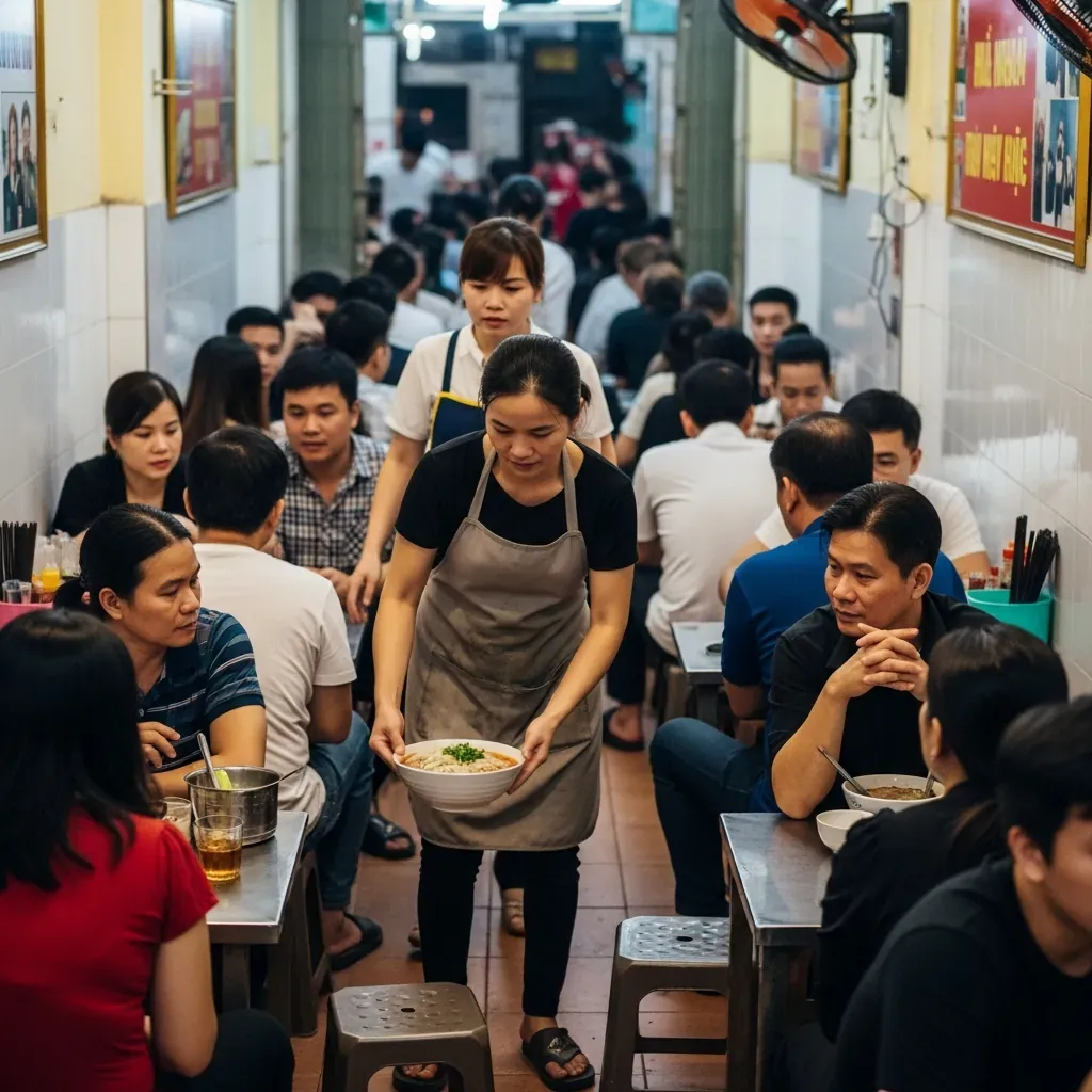 Thực khách ngồi san sát trên ghế nhựa thấp trong quán cơm hến đông đúc, phục vụ nhanh chóng.