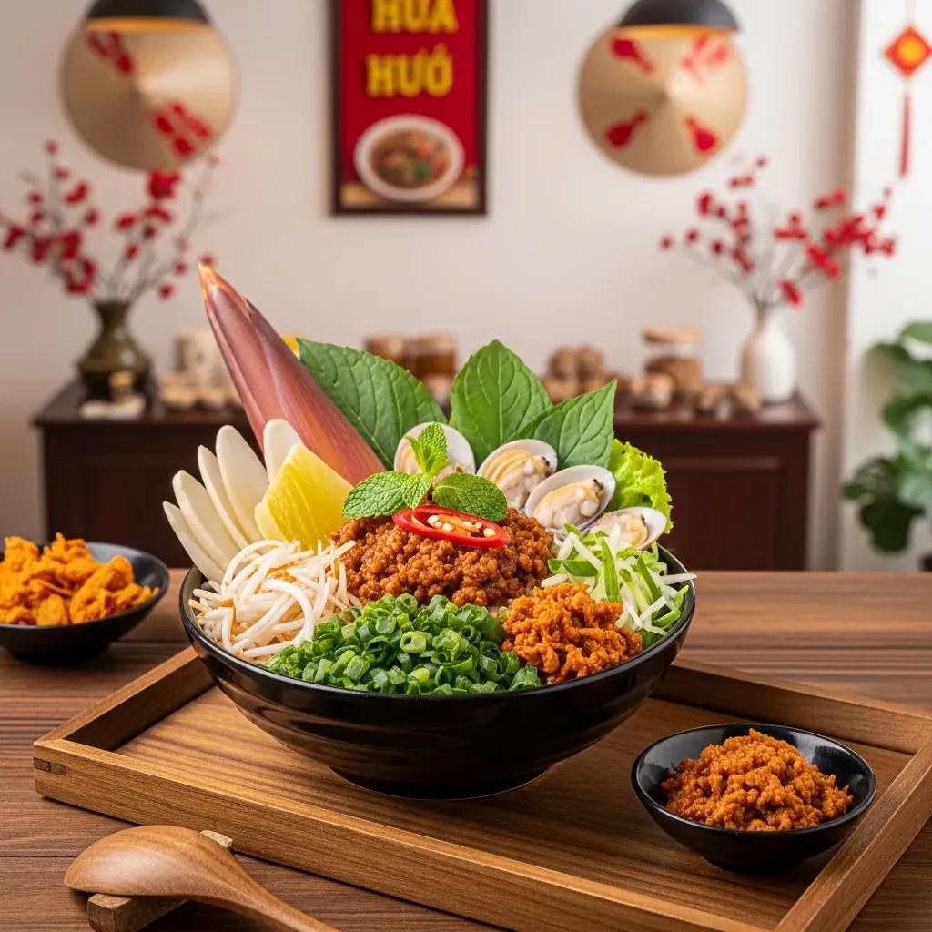 Tô cơm hến Huế chính hiệu với 14 loại gia vị đặc trưng.