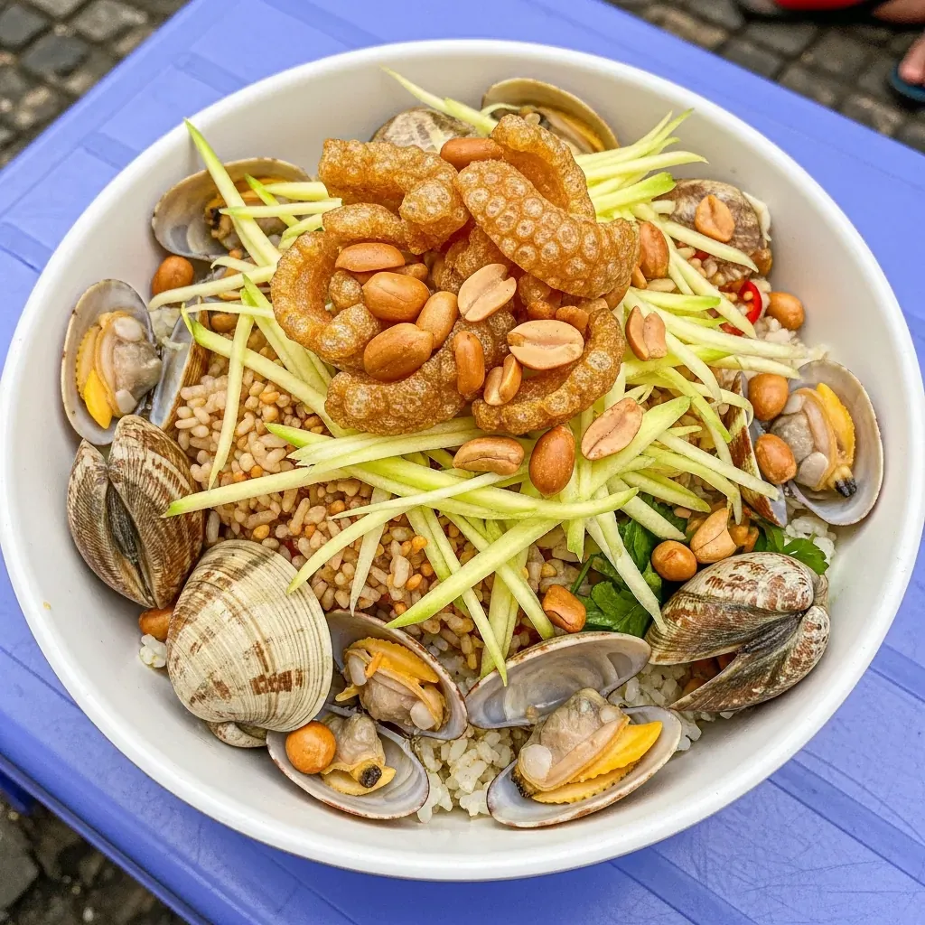 Tô cơm hến quán Cô Giao với hến to, da heo chiên giòn và xoài bào.