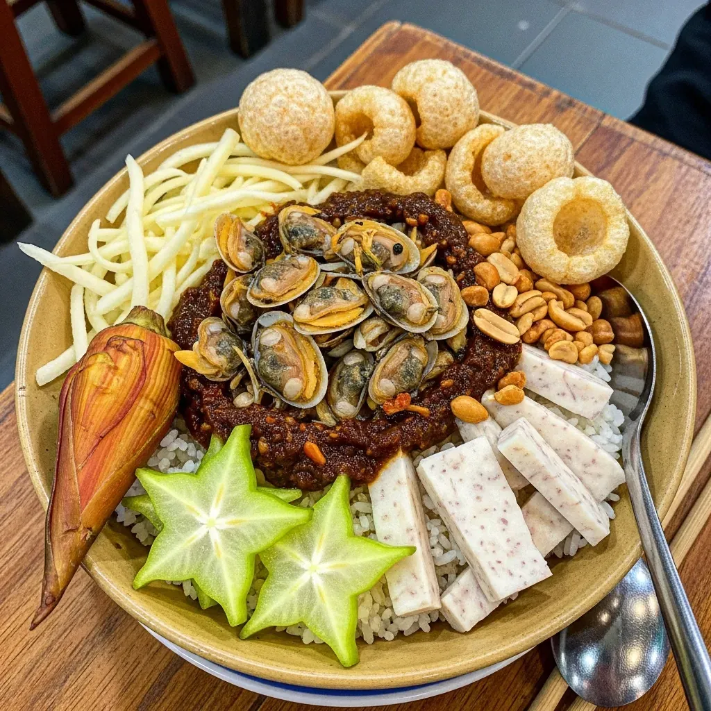Tô cơm hến với cơm nguội, hến xào, rau sống, tóp mỡ, đậu phộng và mắm ruốc.