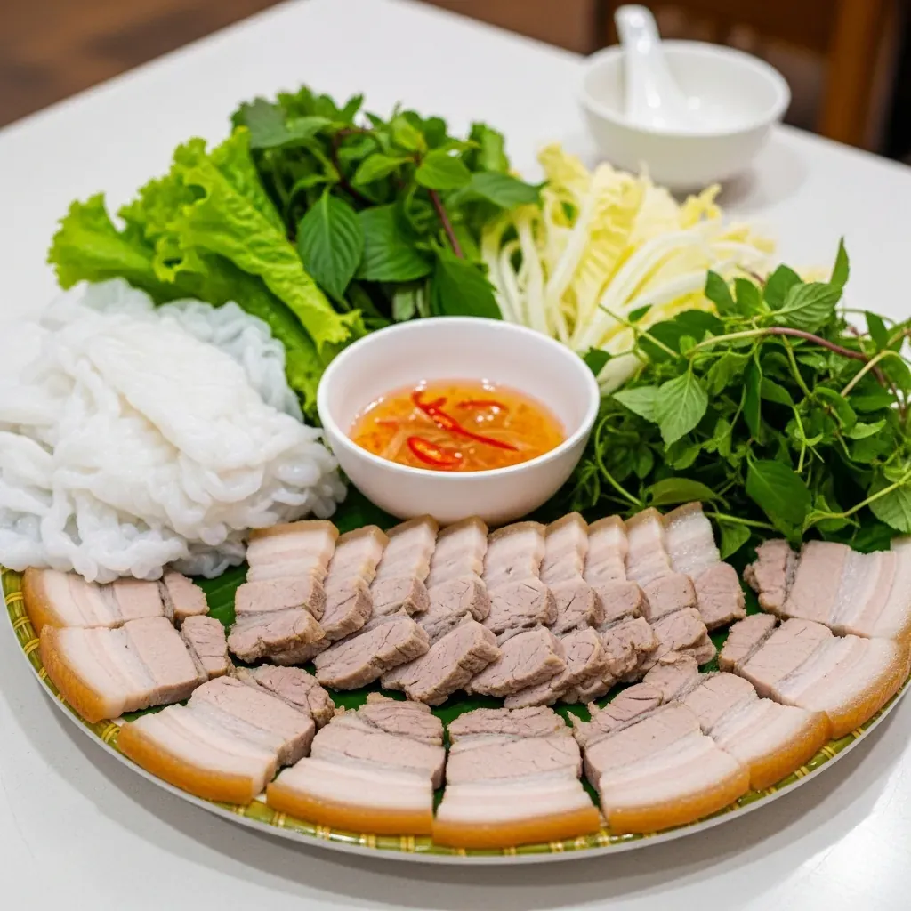 Đĩa bánh tráng cuốn thịt heo hai đầu da đầy đặn