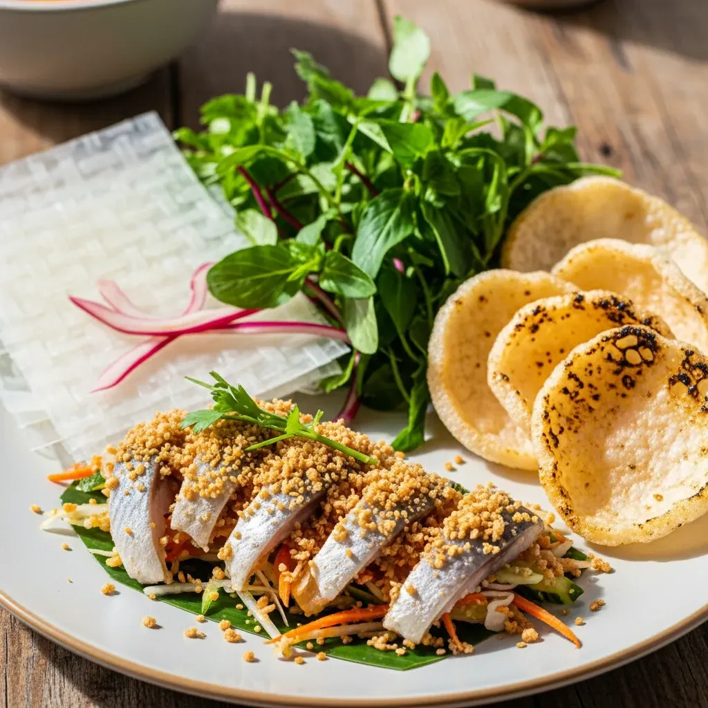 Đĩa gỏi cá Nam Ô với cá trích tươi và thính gạo rang