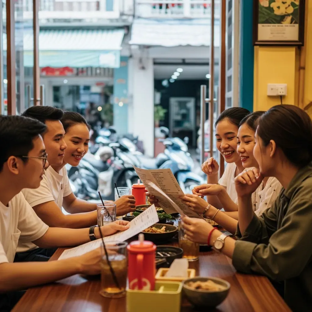 Nhóm bạn người Việt đang chọn quán ăn tối ở Đà Nẵng