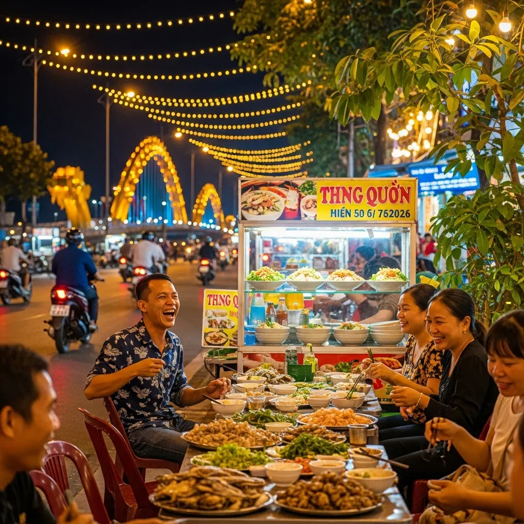 Phố ẩm thực buổi tối nhộn nhịp ở Đà Nẵng với hàng quán sáng đèn
