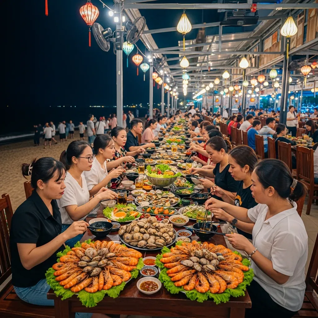 Quán hải sản ven biển Đà Nẵng đông vui buổi tối
