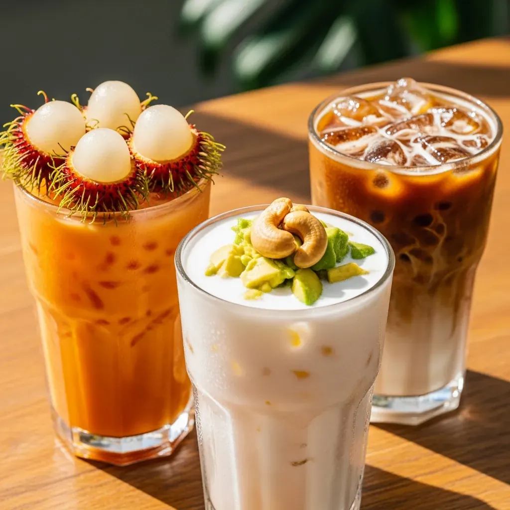 Ba món signature của Katinat gồm trà sữa chôm chôm, bơ dừa sữa non và phin mê sữa đá