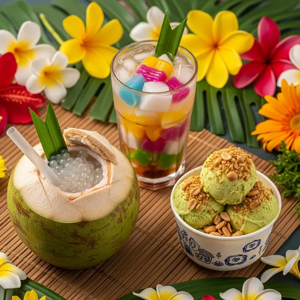 Ba món tráng miệng thay thế: chè, dừa tươi và kem bơ.