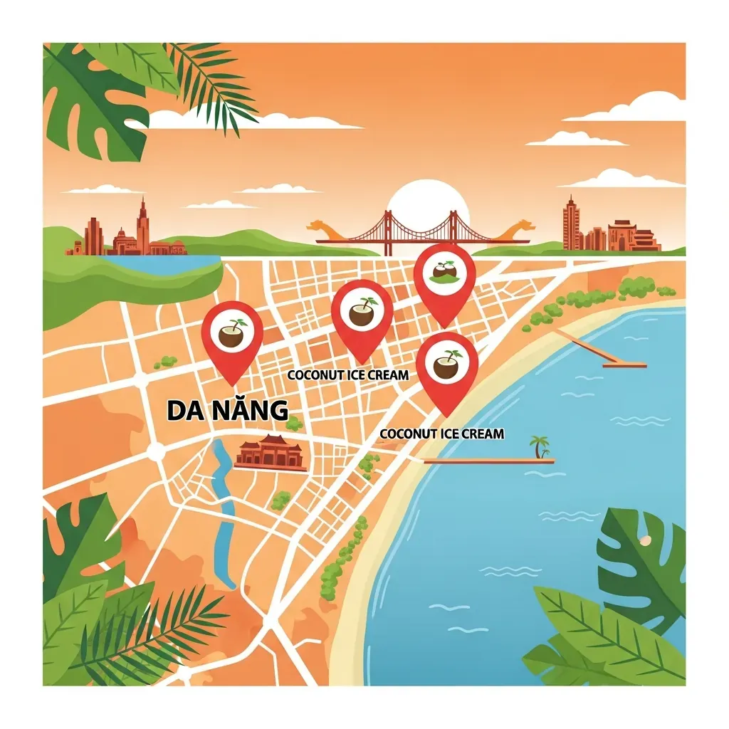 Bản đồ minh họa Đà Nẵng với ba địa điểm quán kem dừa Mã Lai được đánh dấu.