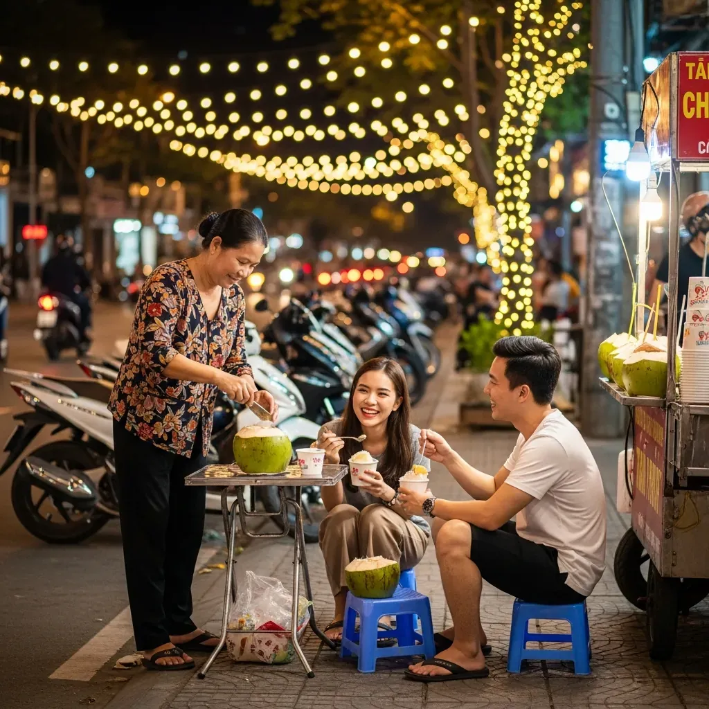 Cảnh vỉa hè quán kem dừa buổi tối với khách ngồi ghế nhựa và chủ quán đang cạo dừa.